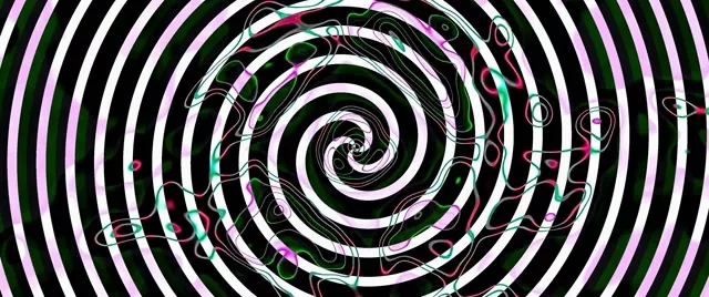Terowong vortex spiral hipnotik hitam-putih dengan aksen neon merah jambu yang berputar spiral ke dalam, mencipta gerakan VJ loop 4K yang menarik