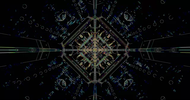 নীল, সোনা এবং কালো রঙের ক্যালিডোস্কোপ হীরার প্যাটার্ন সহ সমরূপ নিয়ন টানেল, 4K 60fps-এ একটি মুগ্ধকর বিমূর্ত VJ লুপ তৈরি করে