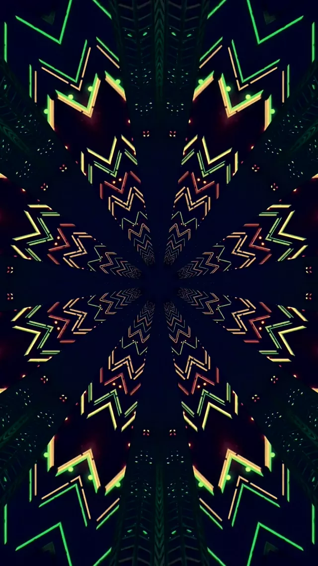 Neon Tunnel Kalejdoskop Grön Guld 60fps 9:16 Reels Skärmsläckare PC Vj Loop