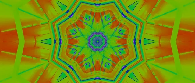 Vibrirajući neon kaleidoskop sa zelenim, narančastim i plavim simetričnim zvjezdanim uzorkom koji se zrači iz centra, apstraktna VJ petlja