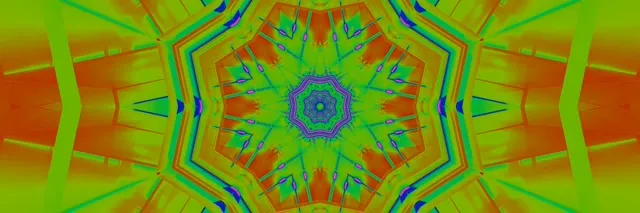 Simetriska neona kaleidoskopa virpulis ar spilgtiem zaļiem, ziliem un oranžiem stariem, kas spirālē no centrālās zvaigznes, 60fps cilpa