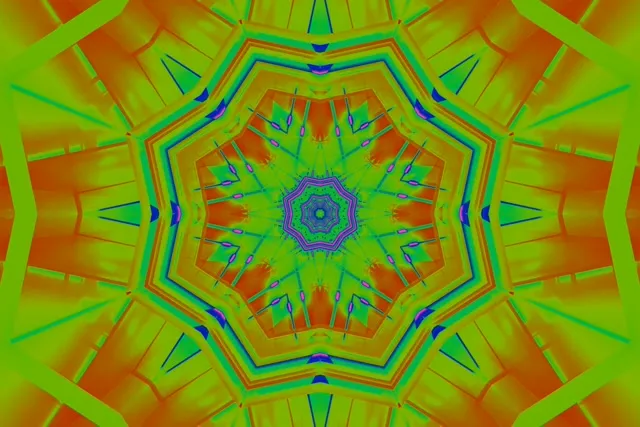 Patrón de estrella caleidoscopio neón vibrante con formas geométricas verdes, naranjas y azules radiantes en bucle VJ abstracto