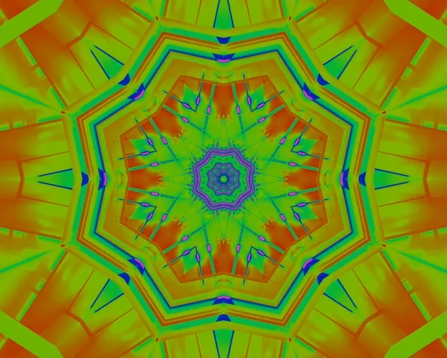 Vibrantan neon tunel s kaleidoskopom i radijalnom simetrijom, zeleni, narančasti i plavi geometrijski uzorci stvaraju efekt zvjezdane eksplozije u ovoj hipnotskoj VJ petlji.