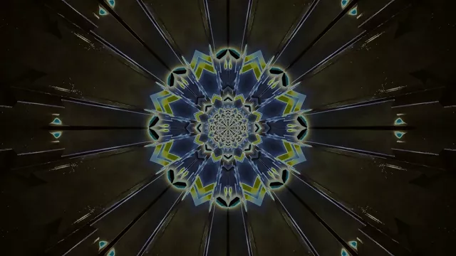 Sugárzó neon kaleidoszkóp mandala kék, sárga és cián geometriai mintákkal spirálban, szimmetrikus alagút hatás ebben a 4K VJ hurokban.