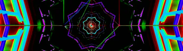 Neon kaleidoskopio tunel bibratua horia, ziana eta laranja geometrikoen patroiekin barnera spiralean, VJ loop simetrikoa sortuz mugimenduaren atzean