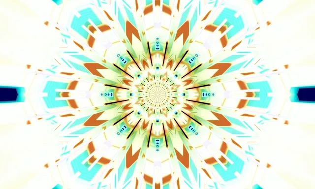 Strålende turkis og gullmandala kaleidoskop med konsentriske sprengblader, abstrakt neon VJ-løkke i 4K 60fps