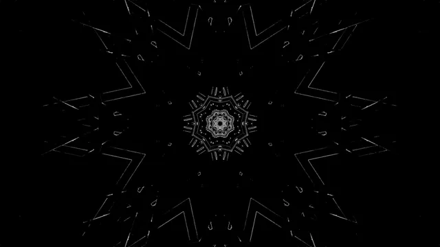 Hầm neon đối xứng với họa tiết ngôi sao hình học, tia sáng trắng và lục lạm bức xạ từ trung tâm trên nền đen, vòng lặp VJ trừu tượng 4K