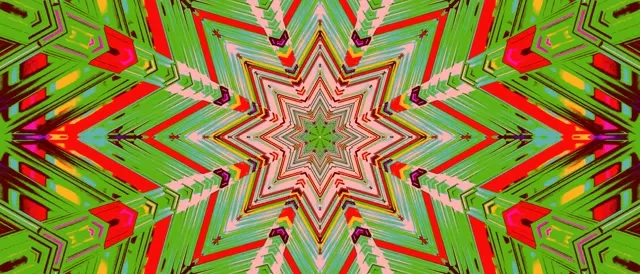 從中心輻射的紅色、綠色和金色幾何圖案的同心霓虹星爆在對稱萬花筒設計中，4K VJ循環動畫背景