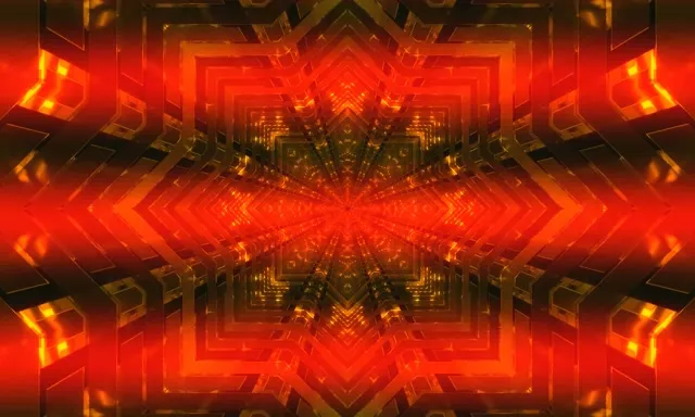 Simetrikoa neon tunelea gorri eta laranja kaleidoskopio izar leherketa ereduarekin, kiratsu geometriko bortizea sortuz VJ loop