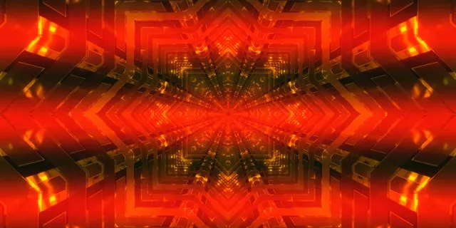 Túnel de neón vermello e laranxa con patrón de explosión de estrela caleidoscopio reflectido, raios de luz xeométricos simétricos en bucle VJ 4K