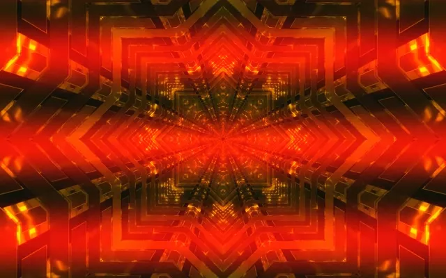 Symmetrischer rot-oranger Neon-Tunnel mit kaleidoskopischem Sternenmuster, leuchtende geometrische Formen vom Zentrum ausstrahlend, abstraktes VJ-Loop-Bewegungshintergrundbild
