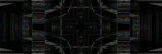 對稱霓虹隧道萬花筒，青色和品紅色幾何圖案從中心放射，3:1 超寬 VJ 循環螢幕保護程式