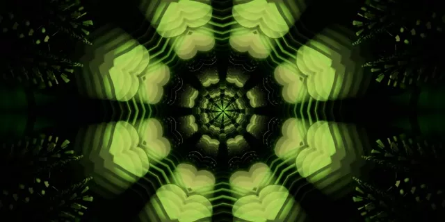 Яскраво-зелений неоновий тунель зі спіральним вихором, калейдоскопічні геометричні симетричні узори, абстрактна 4K VJ петля