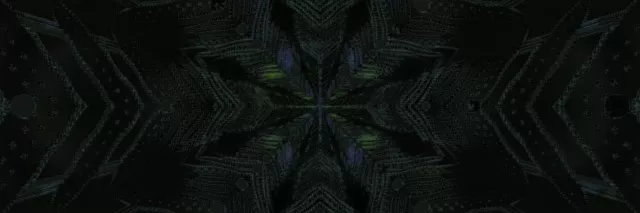 對稱霓虹隧道萬花筒，深綠色和藍色幾何漩渦圖案，抽象4K VJ循環動態背景