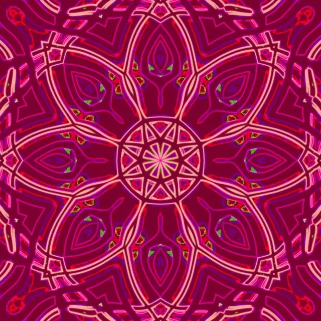 Vibrante rooi neon mandala met uitstraalende geometriese blomblaadjies wat 'n hipnotiese tunneleffek in VJ-lus skep