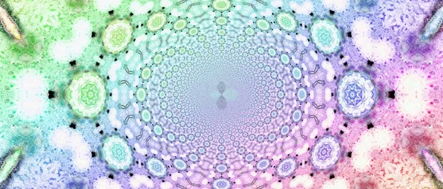 Šareni fraktalni tunel s koncentričnim krugovima u neonskoj zelenoj, plavoj, ružičastoj i ljubičastoj boji stvarajući oduševljujuću kaleidoskopsku VJ petlju