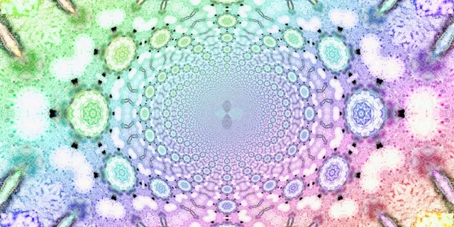 Twnnel neon hudoliaeth gyda chylchoedd canolog yn troelli i mewn, cymysgu gradiant porffor, cyan a pinc yn y lŵp VJ 4K 60fps hwn