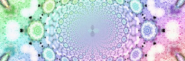 Spīdošs neona mandala spirāles tunelis ar koncentriskajiem apļiem rozā, purpurā un cianā, veidojot hipnotizējošu virpuļa efektu VJ cilpām