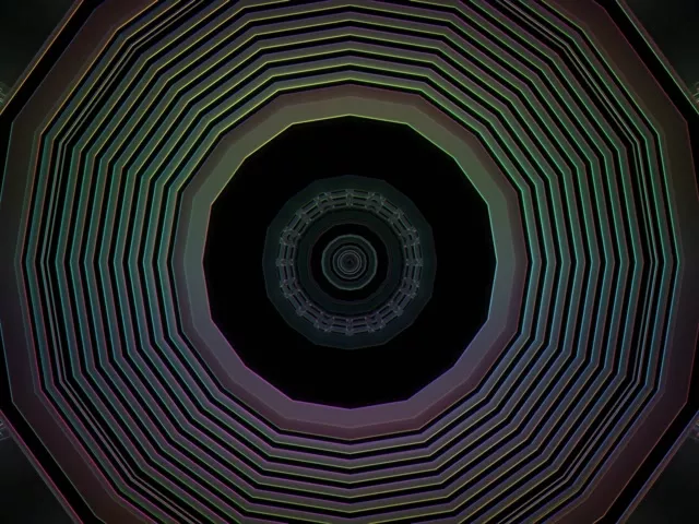 Túnel neon octagonal concêntrico com linhas brilhantes roxas e turquesas espiralizando para um centro escuro, efeito de loop VJ 60fps hipnotizante