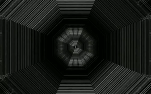 Sötét monochromatikus neon alagút koncentrikus oktagonális örvénnyel, csíkos geometriai minták, absztrakt VJ hurok 4K