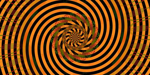 Đường hầm xoáy xoắn ốc neon huyền ảo với các vòng tròn đồng tâm màu cam và đen tạo hiệu ứng chuyển động 3D vô hạn cho các vòng VJ