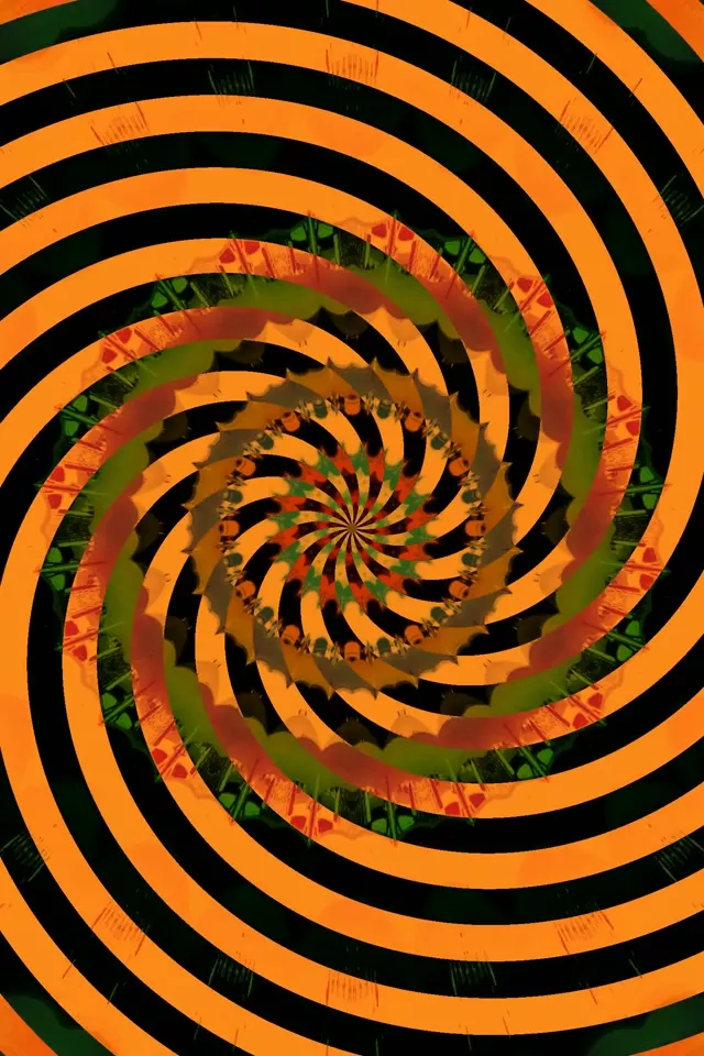 Túnel vórtice espiral negro-laranxa hipnotizante con patróns caleidoscópicos, efecto brillo neon, fondo de bucle VJ movemento abstracto