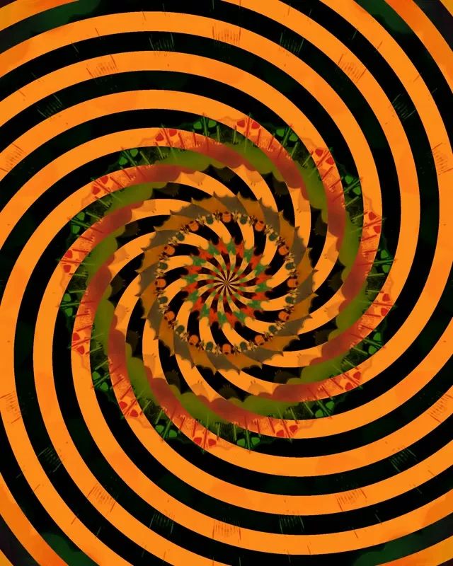 Hypnotisk orange-sort spiralvortex tunnel med indlejrede koncentriske ringe der skaber uendelig dybde, levende neon-bevægelsesloop til VJ-performance