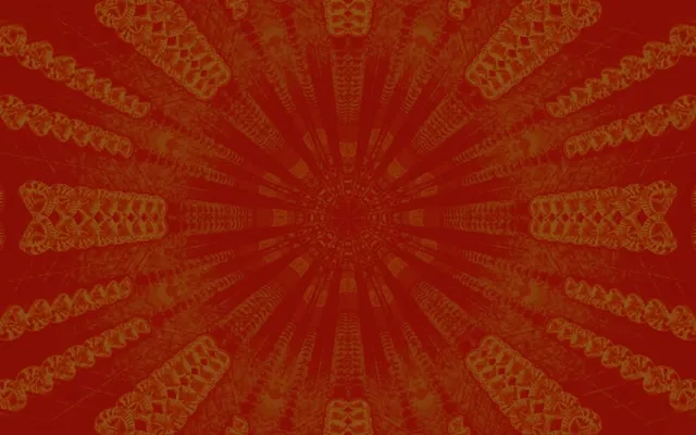 लाल और सोने के रंग का आदिवासी सूर्यास्त पैटर्न जो केंद्र से विकीर्ण होता है, सजावटी ज्यामितीय विवरण के साथ सममित नीयॉन सुरंग प्रभाव बनाता है