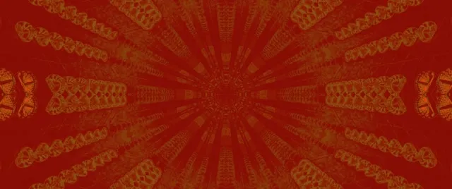 Twnnel kaleidosgop neon cymesur coch ac aur gyda phatrymau geometrig pelydr yn creu effaith dyrfa chwyrlig hypnotig mewn VJ loop