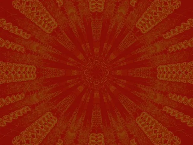 Rød og gylden kaleidoskopisk neon-tunnel med symmetriske geometriske mønstre der stråler udad, hypnotisk VJ loop-bevægelse