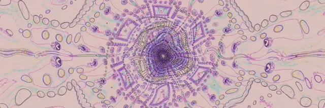 Spiral fraktal neon ungu simetris memancar keluar dengan pola geometris konsentris dan pusat bercahaya, menciptakan efek pusaran kaleidoskop memukau untuk loop VJ