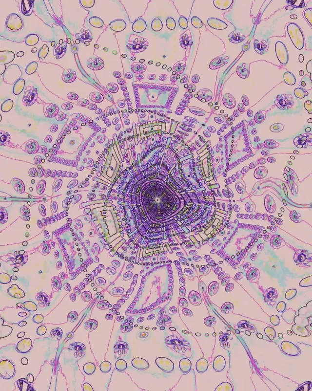 Purpurowy neon spiralny tunel mandala wir ze współśrodkowymi kręgami i wzorami geometrycznymi, hipnotyczna pętla VJ 60fps w różowych i niebieskich tonach