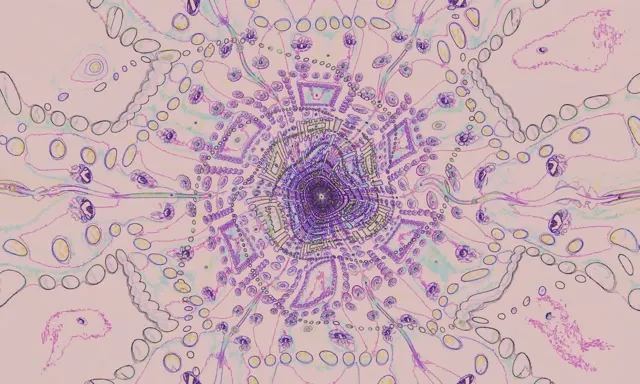 Vijoličasta in rožnata neon mandala vrtinec spirala s koncentričnimi geometrijskimi vzorci, abstraktna VJ zanke animirana ozadja s svetlečim središčem