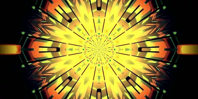 Straelende geel en oranje neon-tunnel kaleidoskoop wat uitbars met simmetriese geometriese strale in 4K VJ-lus