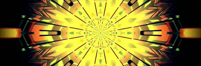 Simetrisks neonskans kaleidoskopa sprādziens ar dzelteniem un oranžiem gaismas stariem, kas izstaro no centra, veidojot bezgalīgu tuneles dziļumu šajā abstraktā VJ cilpā