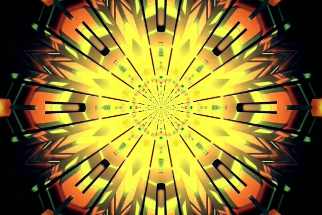 Túnel neon amarillo-naranja con caleidoscopio radiante, líneas geométricas negras y patrón simétrico 4K en bucle VJ con efectos de luz resplandeciente