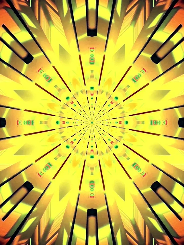 Tunel neon i verdhë-portokalli rrezatues me simetri kalidoskopu, linjat divergjente krijojnë efekt të thellësisë e pafundme. Motivi gjeometrik ideal për përsëritjet VJ.