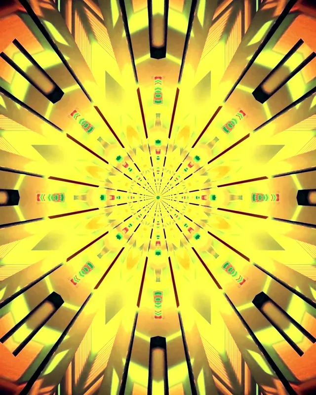 Tunnel néon jaune brillant avec explosion kaléidoscopique radiale, lignes géométriques noires convergeant vers le centre, boucle VJ 60fps