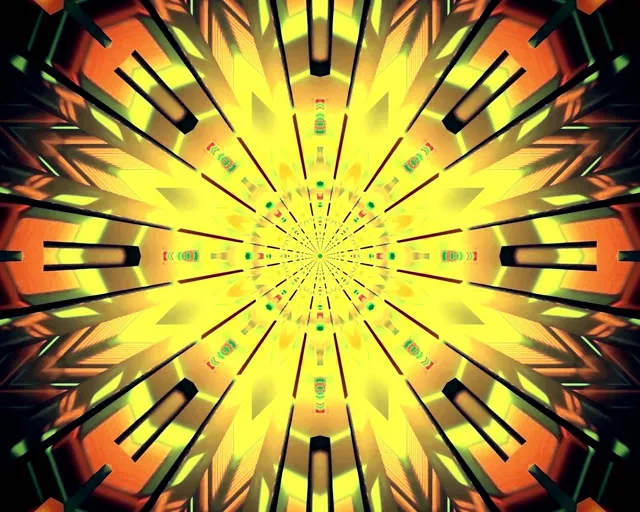 Zařarujući žuto-narančasti neonski tunel eksplodirajući u simetričnom kaleidoskopskom uzorku, apstraktna geometrijska VJ petlja sa sijajnim zrakama svjetla