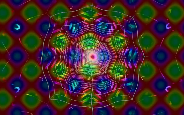 充满活力的霓虹隧道，具有同心彩虹几何图案，在荧光粉红色、青色和酸橙绿色霓虹中形成催眠漩涡。抽象VJ循环运动背景。