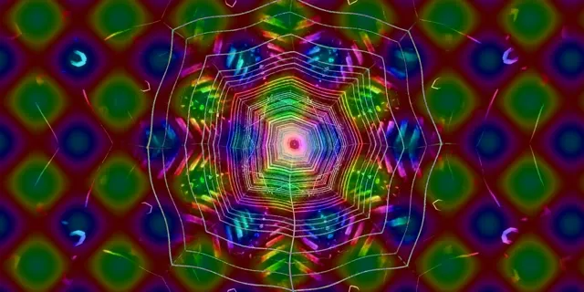 دوامة نفق نيون ملون مع أنماط هندسية قوس قزح متحدة المركز تلتف نحو الداخل، مما يخلق حلقة VJ مجردة مراوغة عند 60fps