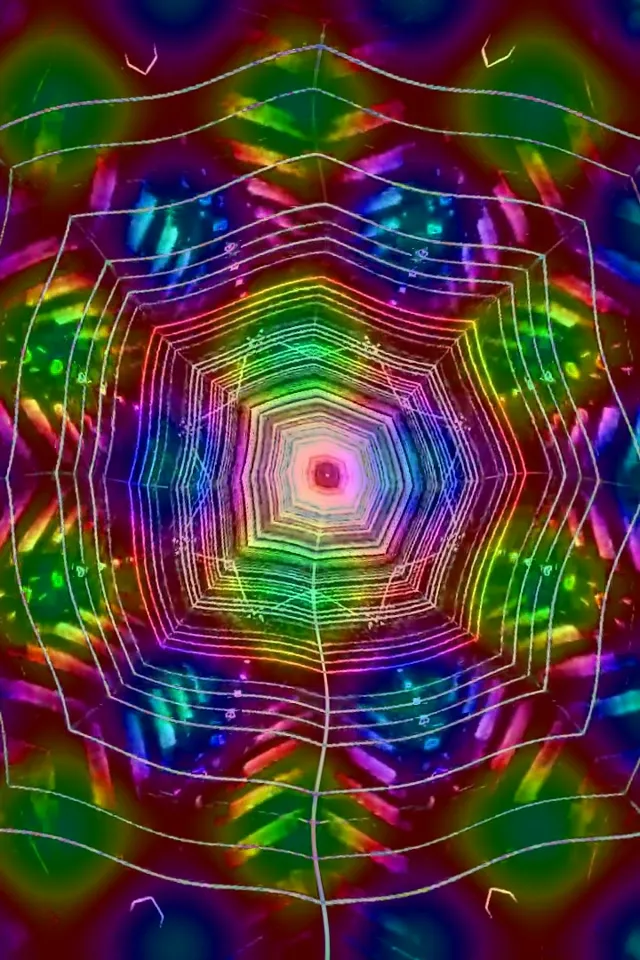 تونل نیون شش‌ضلعی متحدالمرکز با اشعه رنگین کمان درخشان به سمت داخل، هسته صورتی لرزان، پس‌زمینه حلقه VJ 60fps چندرنگ