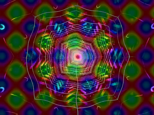 जीवंत नीऑन टनल भँवर, समकेंद्रित षट्भुज इंद्रधनुष रंग—गुलाबी, सियान, हरा और लाल—केंद्र की ओर सर्पिल। ज्यामितीय सममिति और 60fps चिकना एनिमेशन के साथ VJ लूप।