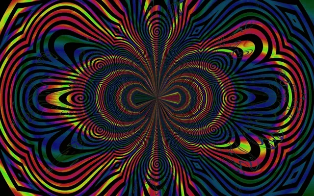 Strahlender Neon-Spiralkaleidoskop mit lebendigen Regenbogenfarben, gelben, rosa und blauen konzentrischen Ringen, die einen hypnotischen Tunnel-Vortex-VJ-Loop erzeugen