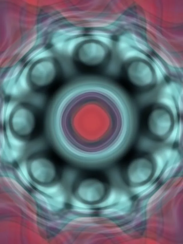 Svítící červená koule pulzuje v centru tyrkysového neonového tunelu s vířícím vortexem, růžová a azurová animovaná smyčka pozadí VJ screensaver