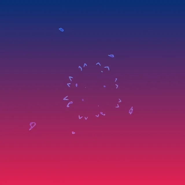 Abstrakcyjna mandala neonowa z jasnymi niebieskimi i fioletowymi cząstkami tworzącymi spiralny symetryczny wzór na tle gradientu niebieskiego do magenty, hipnotyzująca pętla VJ