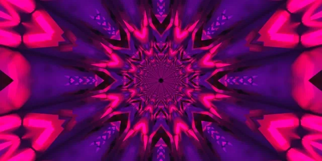 প্রাণবন্ত ম্যাজেন্টা এবং বেগুনি নিয়ন ক্যালিডোস্কোপ তারকা বিস্ফোরণ সুরঙ্গ অসীম প্রতিসম ভর্টেক্স এবং তীক্ষ্ণ জ্যামিতিক রশ্মি সহ বিমূর্ত VJ লুপের জন্য