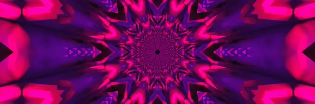 Gyva magenta ir violetinė neon kaleidoskopo tunelis su spindinčiu žvaigždės modeliu, kurianti begalinį 3D sūkurį VJ kilpoms.