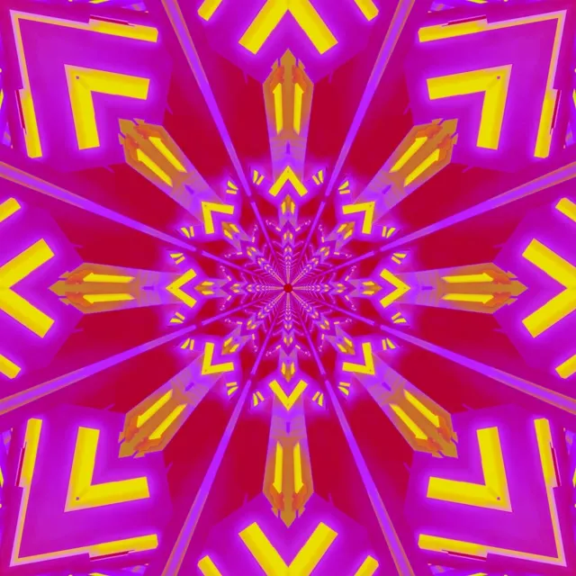 Vibreerib neon kaleidoskoobi tunnel kollaste ja magenta geomeetriliste mustritega, mis kiirgavad sümmeetriliselt 4K VJ tsüklis
