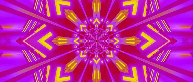Živa ljubičasta i žuta neon kaleidoskop koja sija iz centra, kreirajući simetričan geometrijski efekat prasaka u VJ petlji 21:9